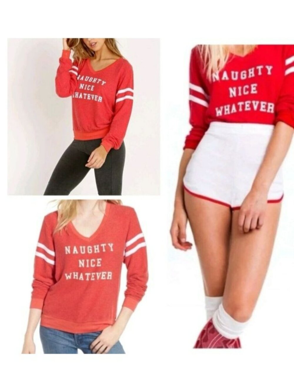 Wildfox Sweatshirt Red V-Neck Striped Sleeves Womens Size M Sport